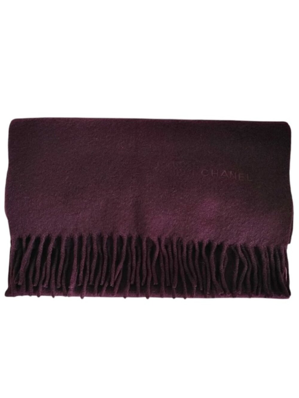 Chanel Vintage Logo Embroidery Cashmere 100% Fringe Scarf Purple